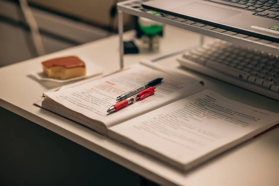 Carnet et stylo posés à côté d'un gâteau décoré sur une table