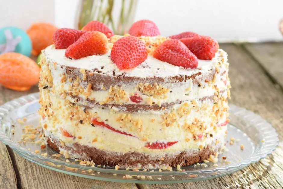 Gâteau à étages fait maison aux fraises sur une table en bois