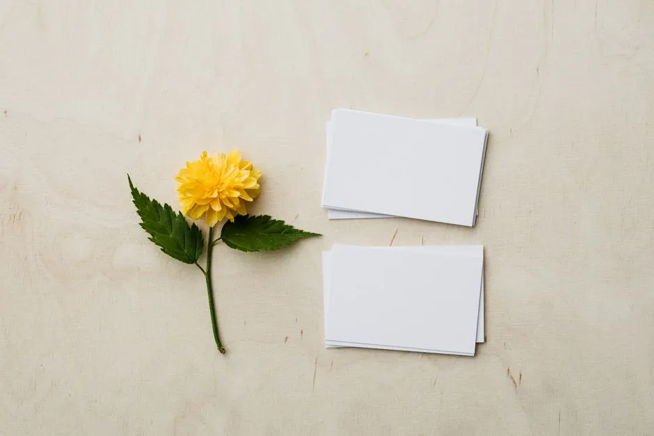 Cartes de visite vierges empilées sur une table blanche, vues de dessus