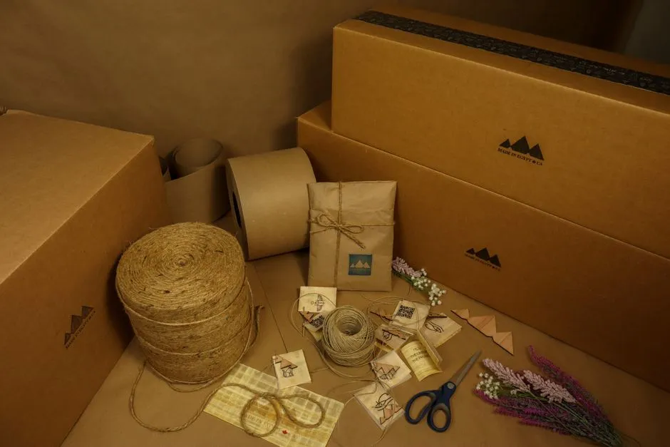 Boîtes à pâtisserie en papier kraft fermées avec une ficelle, posées sur une table