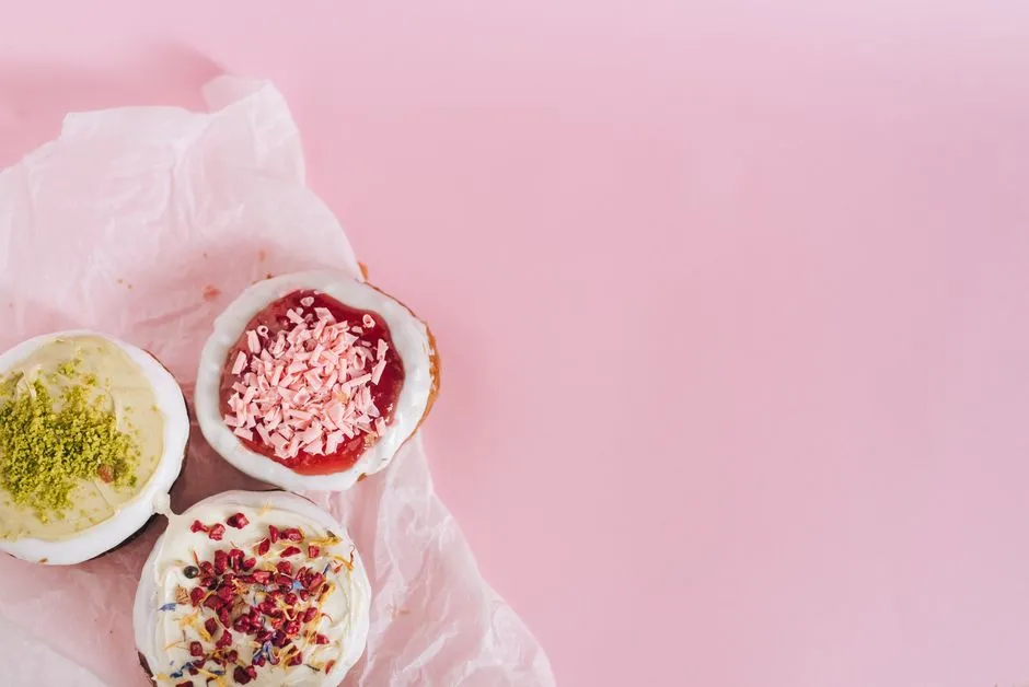 Petits gâteaux glacés et décorés sur fond rose pastel