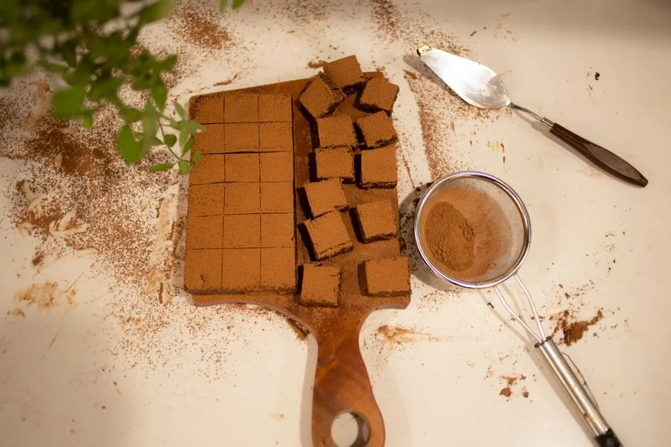 Carrés de brownie saupoudrés de cacao sur une planche en bois
