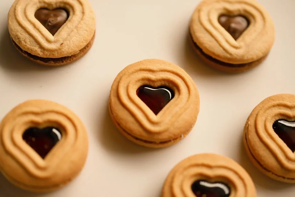 Biscuits fourrés à la confiture disposés sur fond crème