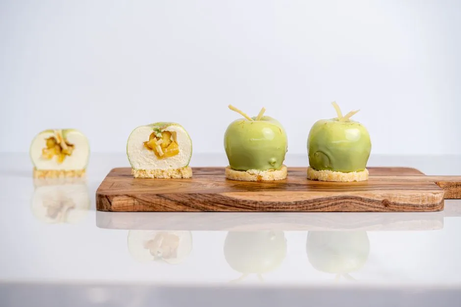 Entremets trompe-l'œil en forme de pommes vertes, dont un coupé montrant la mousse